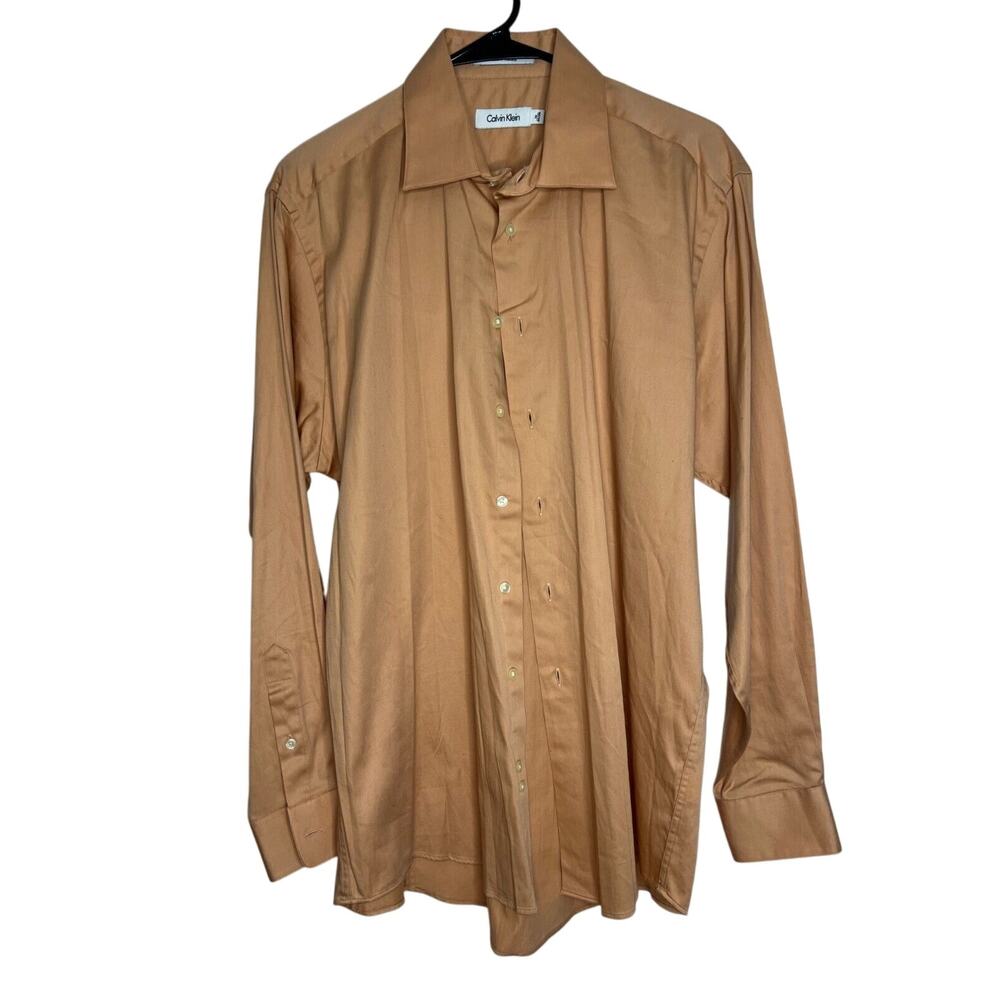 Calvin Klein Mens Regular Fit Check Button Up Shirt 16 34/35 Orange